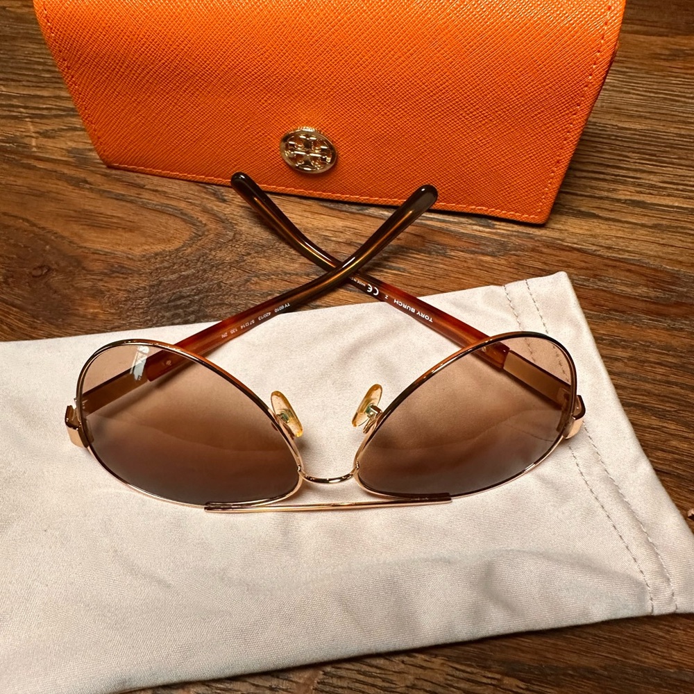 Tory Burch Gold and Brown Aviator Sunglasses - Picture 7 of 10